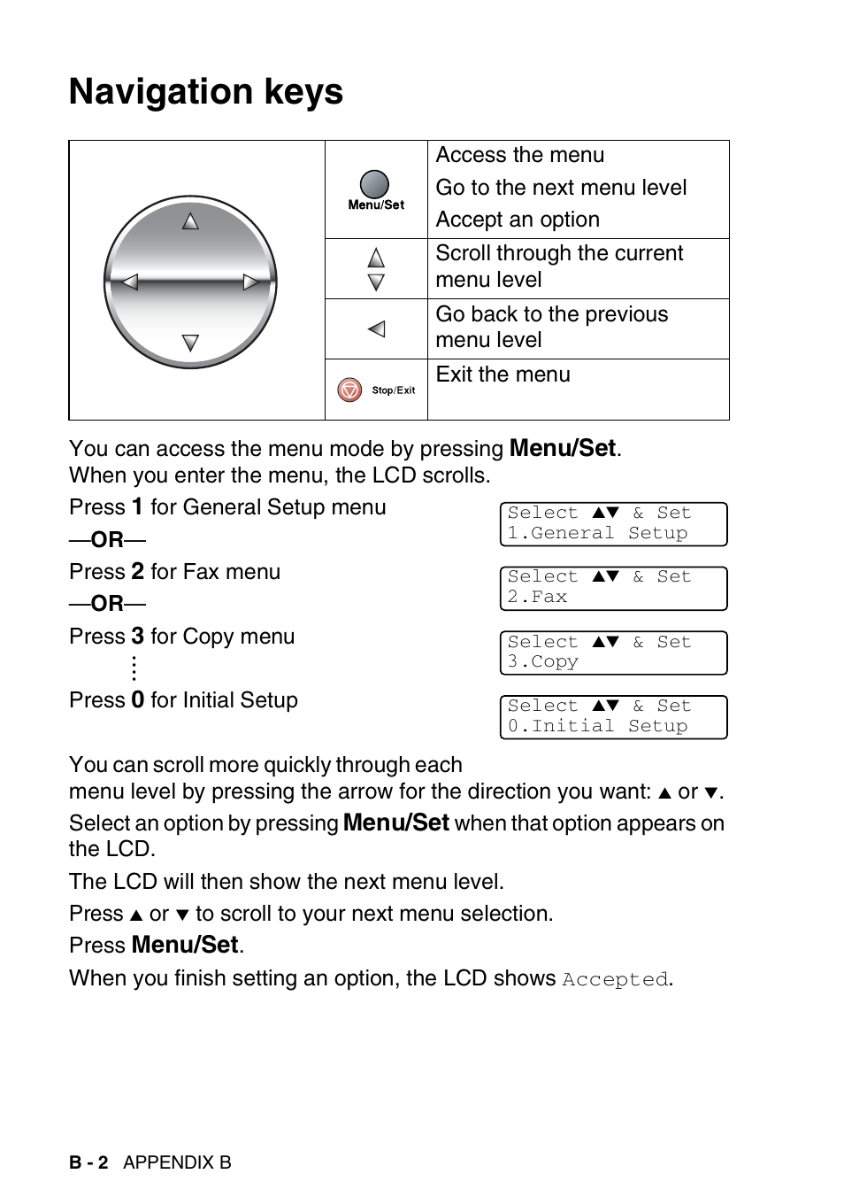 Navigation keys | Brother FAX-2440C User Manual | Page 191 / 230