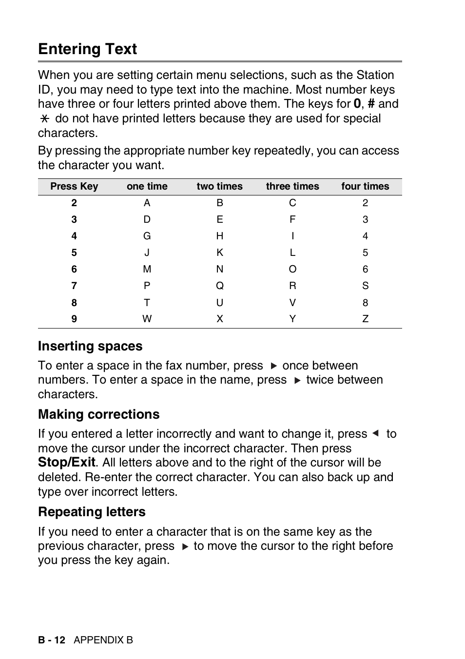Entering text, Inserting spaces, Making corrections | Repeating letters, B-12, Stop/exit | Brother FAX-2440C User Manual | Page 201 / 230