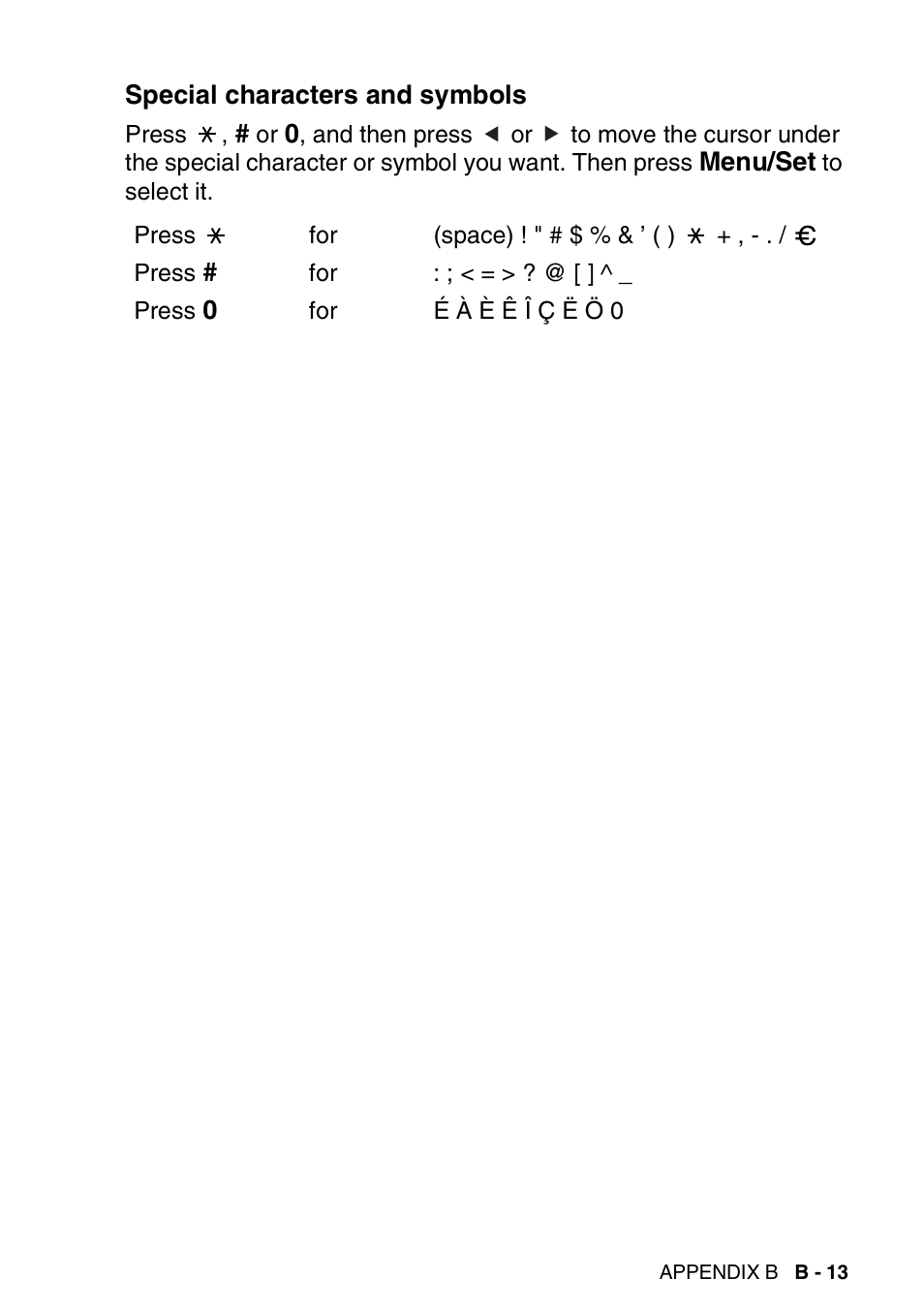 Special characters and symbols | Brother FAX-2440C User Manual | Page 202 / 230