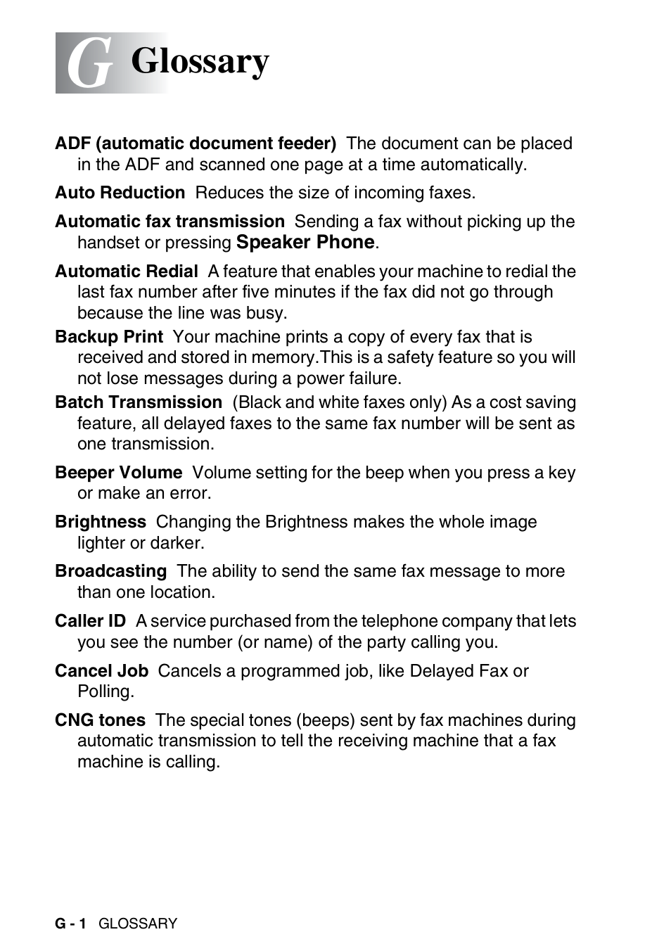 Glossary | Brother FAX-2440C User Manual | Page 203 / 230