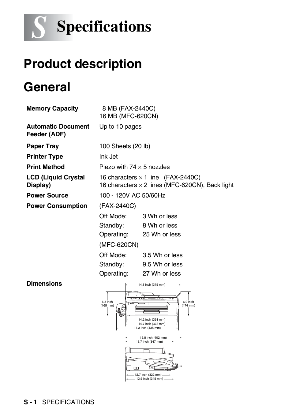 Specifications, Product description, General | Product description general | Brother FAX-2440C User Manual | Page 209 / 230