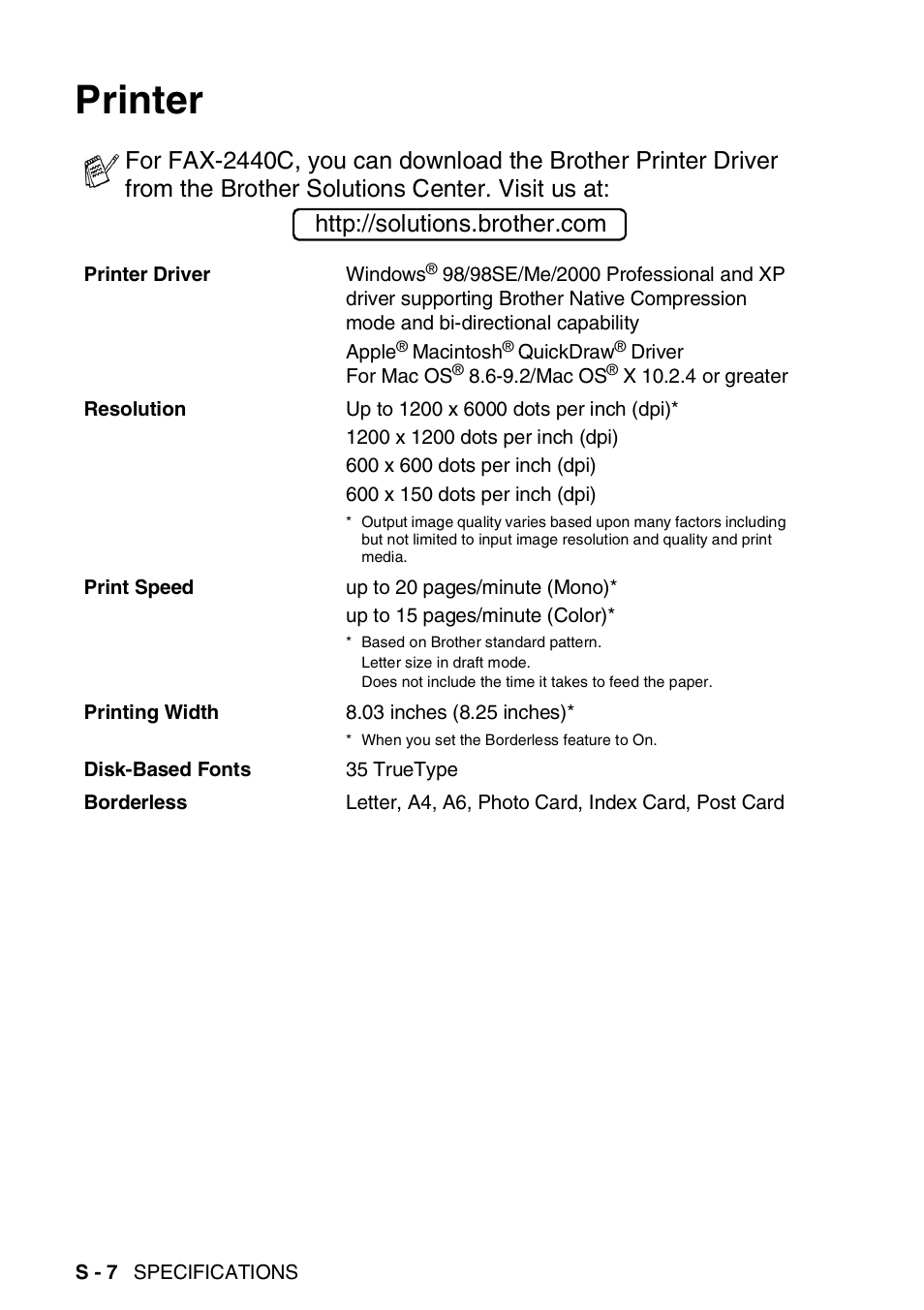 Printer | Brother FAX-2440C User Manual | Page 215 / 230