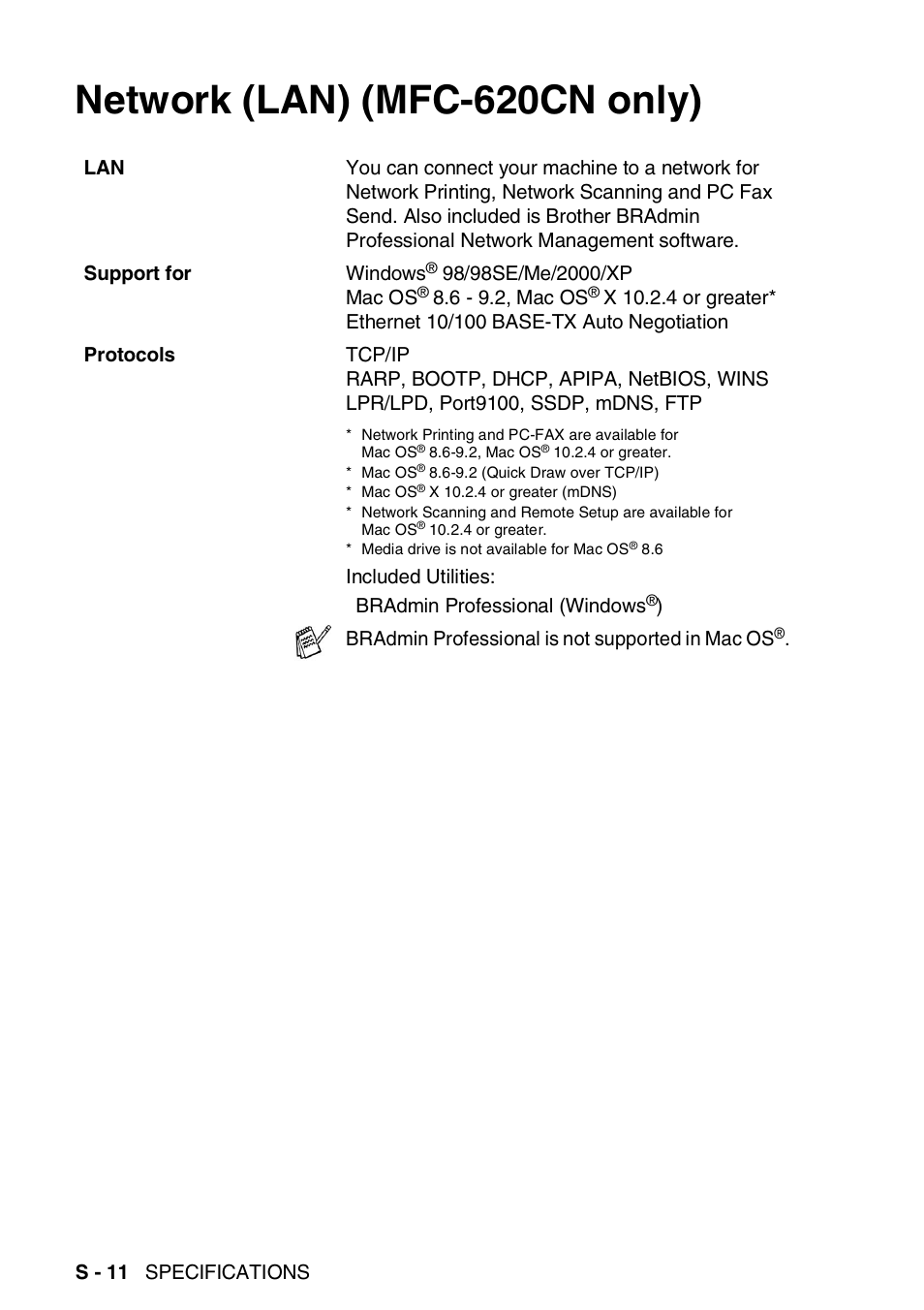 Network (lan) (mfc-620cn only) | Brother FAX-2440C User Manual | Page 219 / 230