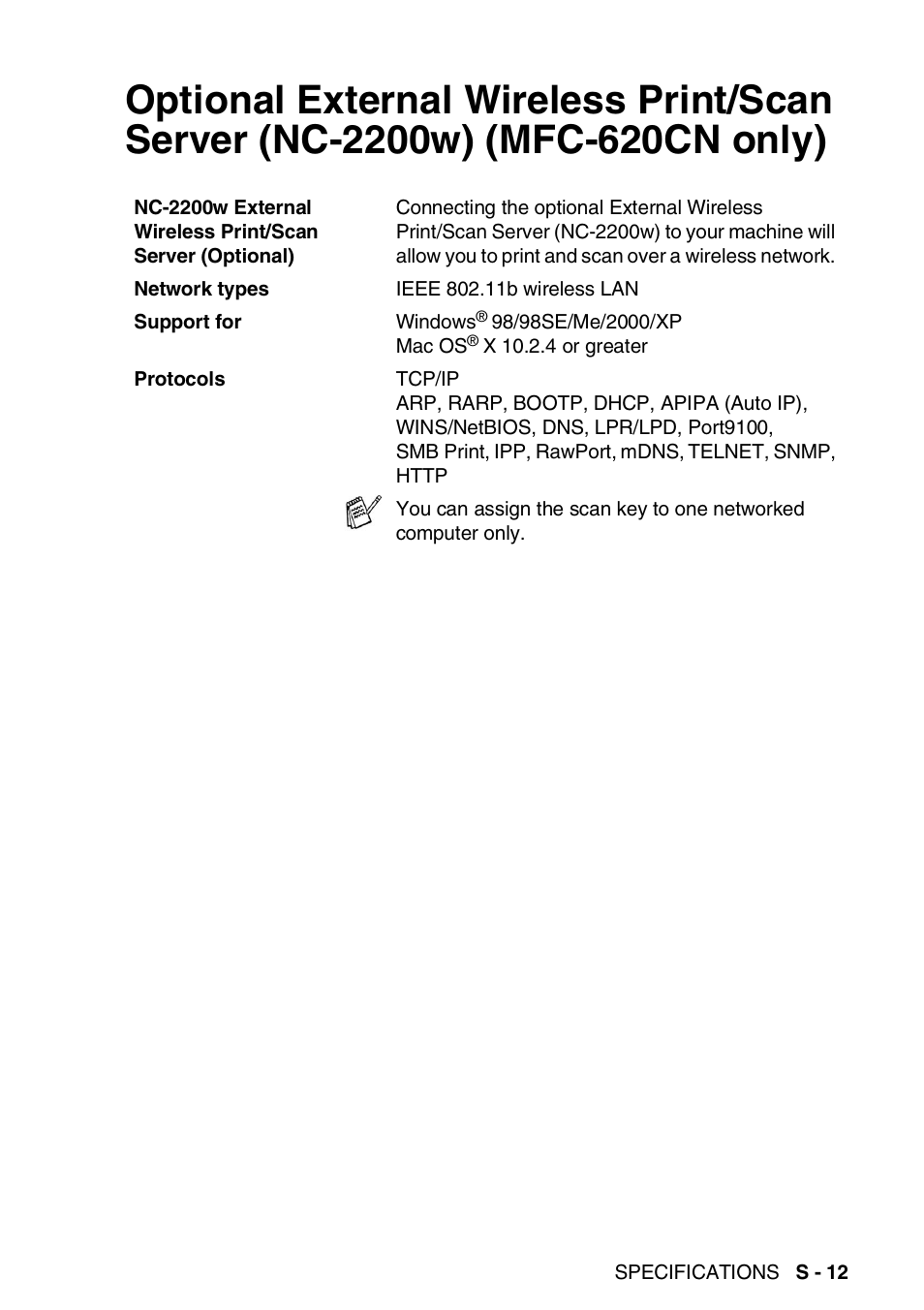 Optional external wireless print/scan server | Brother FAX-2440C User Manual | Page 220 / 230