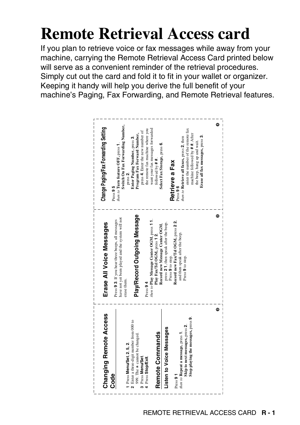 Remote retrieval access card, Remote retrieval access card r - 1, Erase all voice messages | Play/record outgoing message, Changing remote access code, Remote commands, Change paging/fax forwarding setting, Retrieve a fax | Brother FAX-2440C User Manual | Page 227 / 230