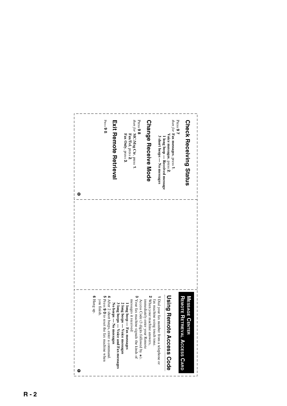 R - 2, Check receiving status, Change receive mode | Exit remote retrieval, Using remote access code | Brother FAX-2440C User Manual | Page 228 / 230