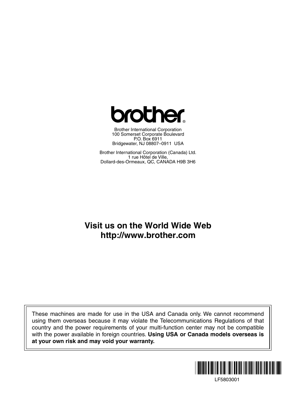 Brother usa/canada | Brother FAX-2440C User Manual | Page 230 / 230