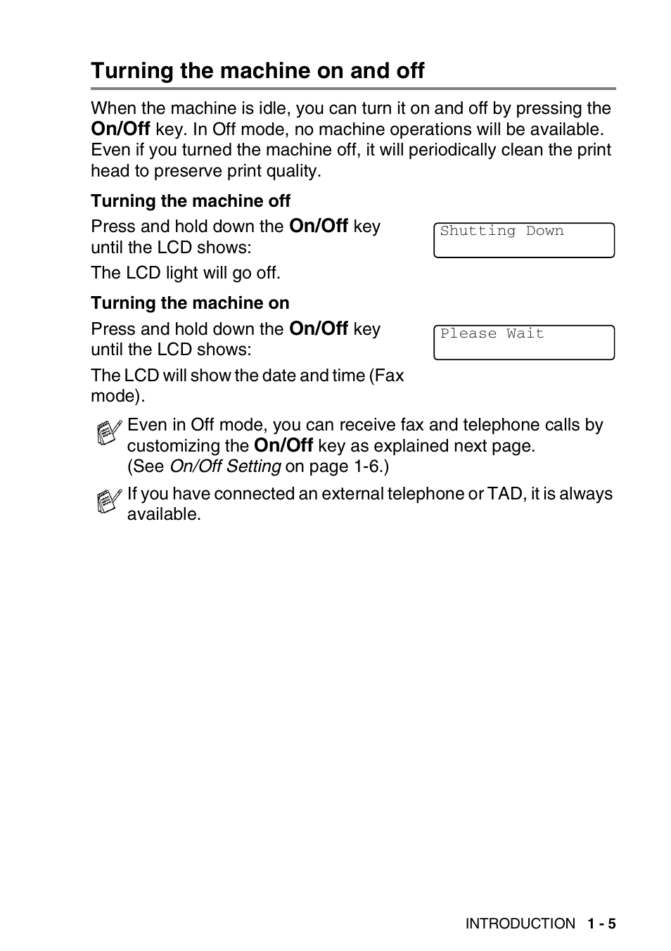 Turning the machine on and off, Turning the machine on and off -5 | Brother FAX-2440C User Manual | Page 26 / 230