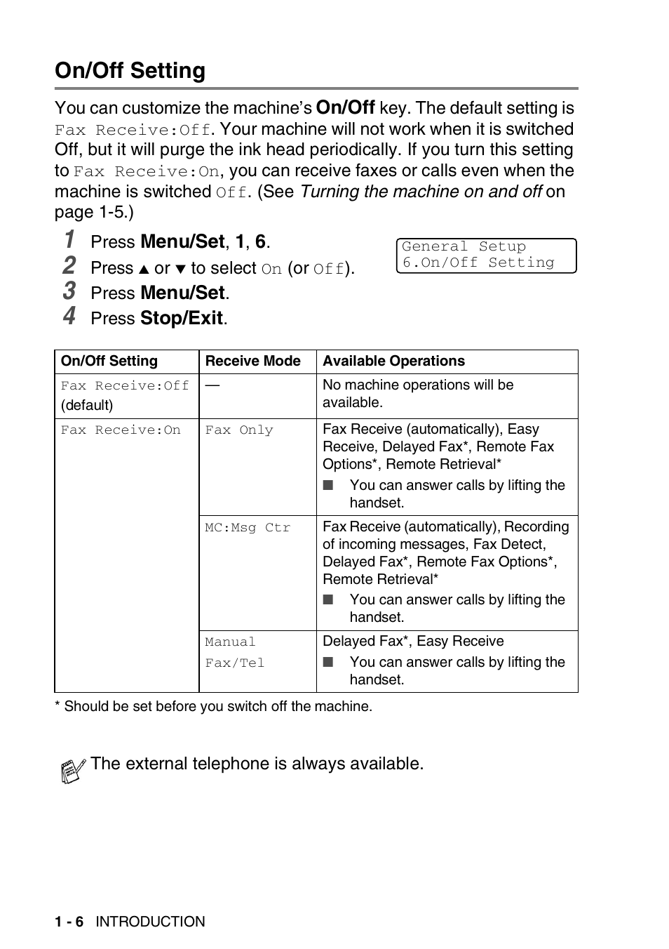 On/off setting, On/off setting -6 | Brother FAX-2440C User Manual | Page 27 / 230