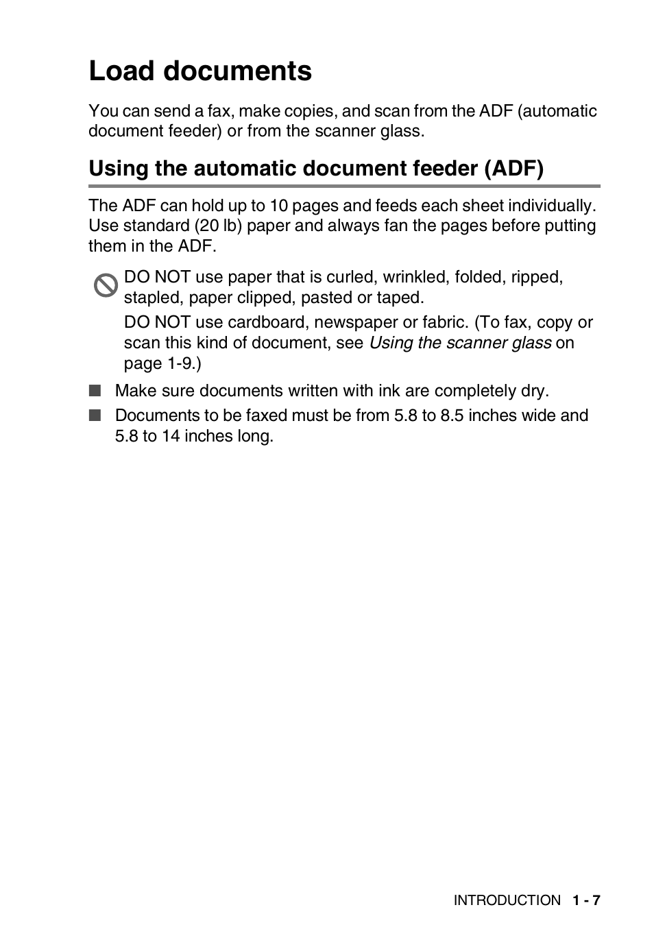 Load documents, Using the automatic document feeder (adf), Load documents -7 | Using the automatic document feeder (adf) -7 | Brother FAX-2440C User Manual | Page 28 / 230