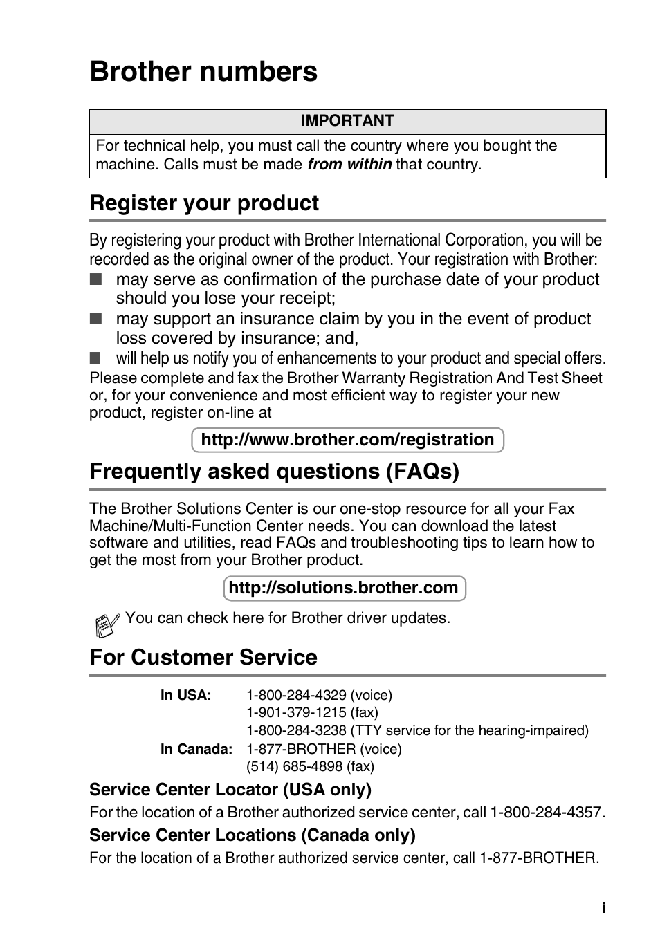 Brother numbers, Register your product, Frequently asked questions (faqs) | For customer service | Brother FAX-2440C User Manual | Page 3 / 230