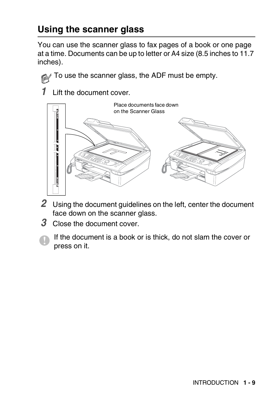 Using the scanner glass, Using the scanner glass -9 | Brother FAX-2440C User Manual | Page 30 / 230