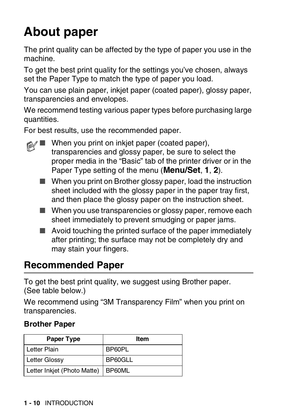 About paper, Recommended paper, About paper -10 | Recommended paper -10 | Brother FAX-2440C User Manual | Page 31 / 230