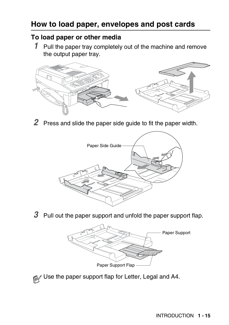 How to load paper, envelopes and post cards, To load paper or other media, How to load paper, envelopes and post cards -15 | To load paper or other media -15 | Brother FAX-2440C User Manual | Page 36 / 230