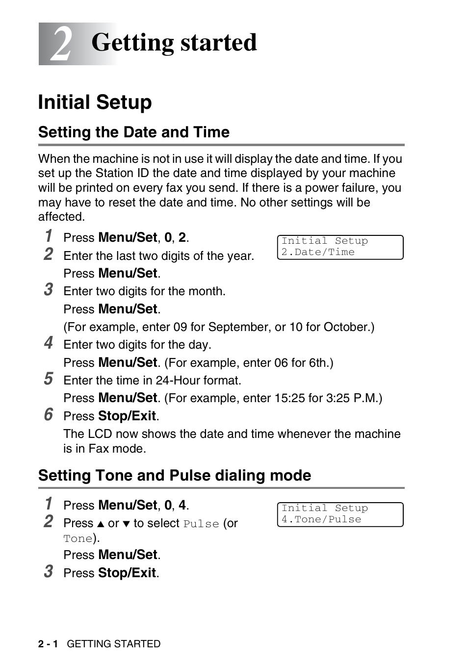 2 getting started, Initial setup, Setting the date and time | Setting tone and pulse dialing mode, Getting started -1, Initial setup -1, Getting started | Brother FAX-2440C User Manual | Page 43 / 230