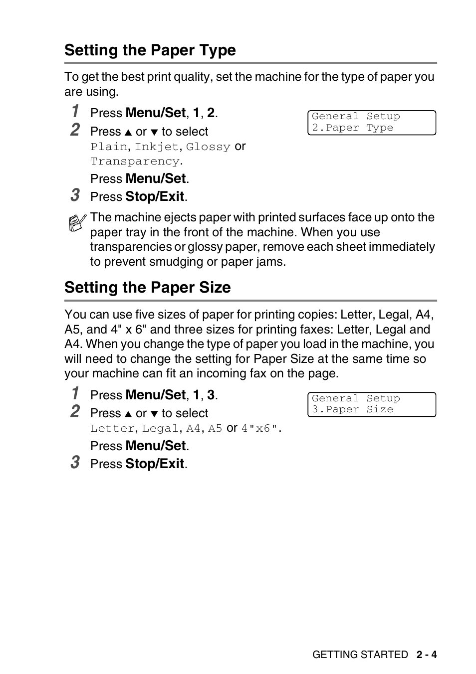 Setting the paper type, Setting the paper size | Brother FAX-2440C User Manual | Page 46 / 230