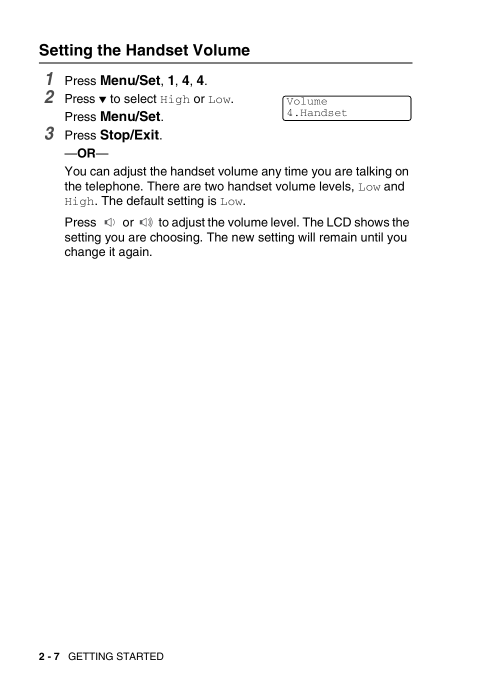 Setting the handset volume, Setting the handset volume -7 | Brother FAX-2440C User Manual | Page 49 / 230