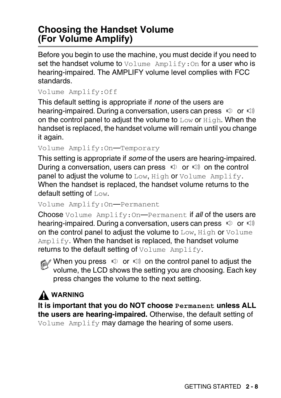 Choosing the handset volume (for volume amplify), Choosing the handset volume, For volume amplify) -8 | Brother FAX-2440C User Manual | Page 50 / 230