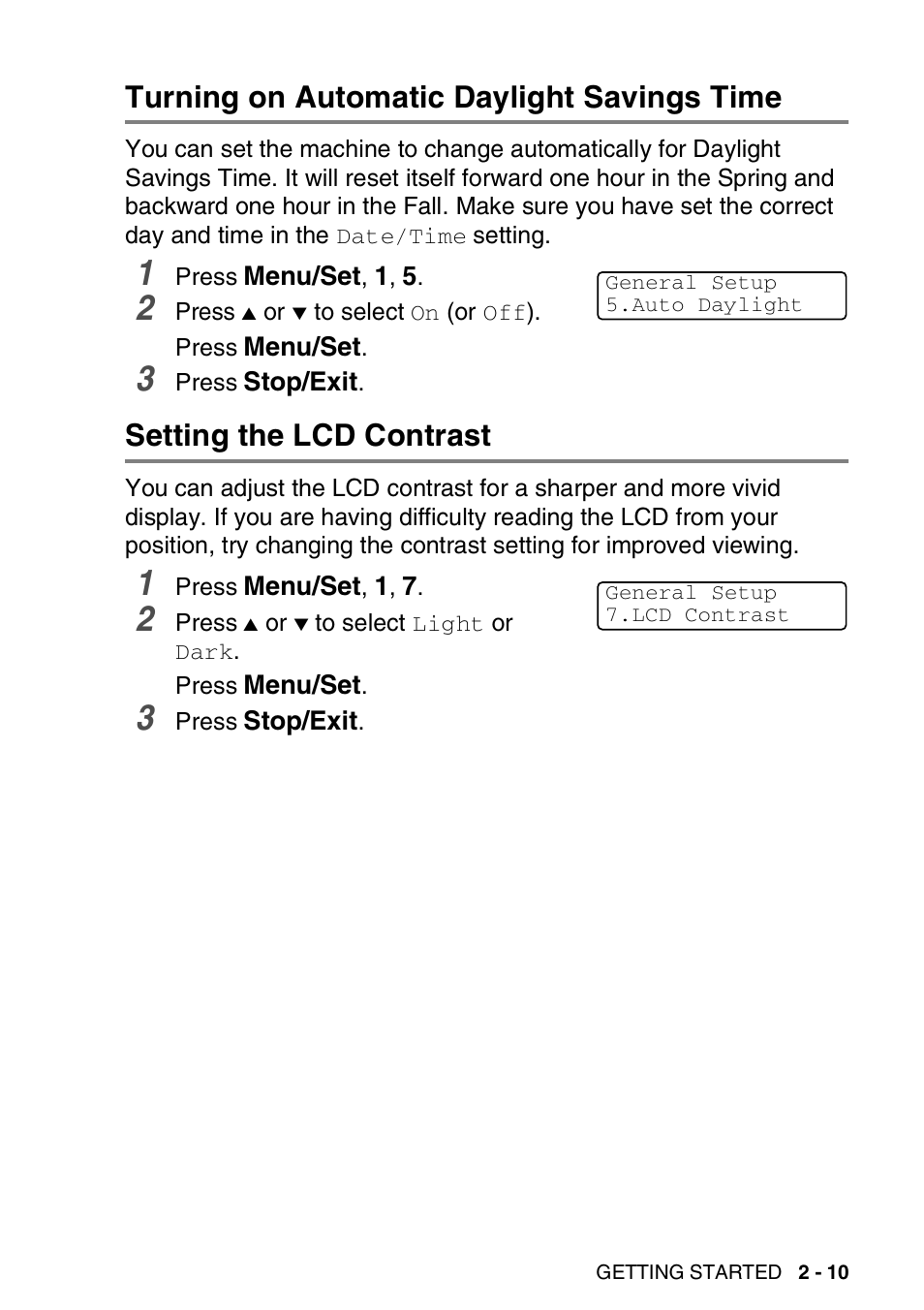 Turning on automatic daylight savings time, Setting the lcd contrast | Brother FAX-2440C User Manual | Page 52 / 230