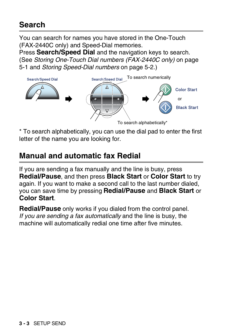 Search, Manual and automatic fax redial, Search -3 manual and automatic fax redial -3 | Brother FAX-2440C User Manual | Page 55 / 230
