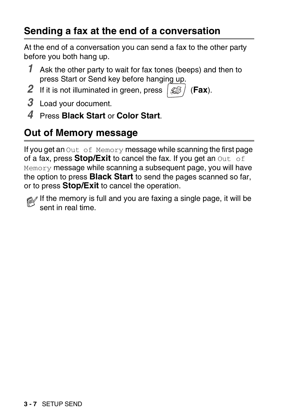 Sending a fax at the end of a conversation, Out of memory message | Brother FAX-2440C User Manual | Page 59 / 230