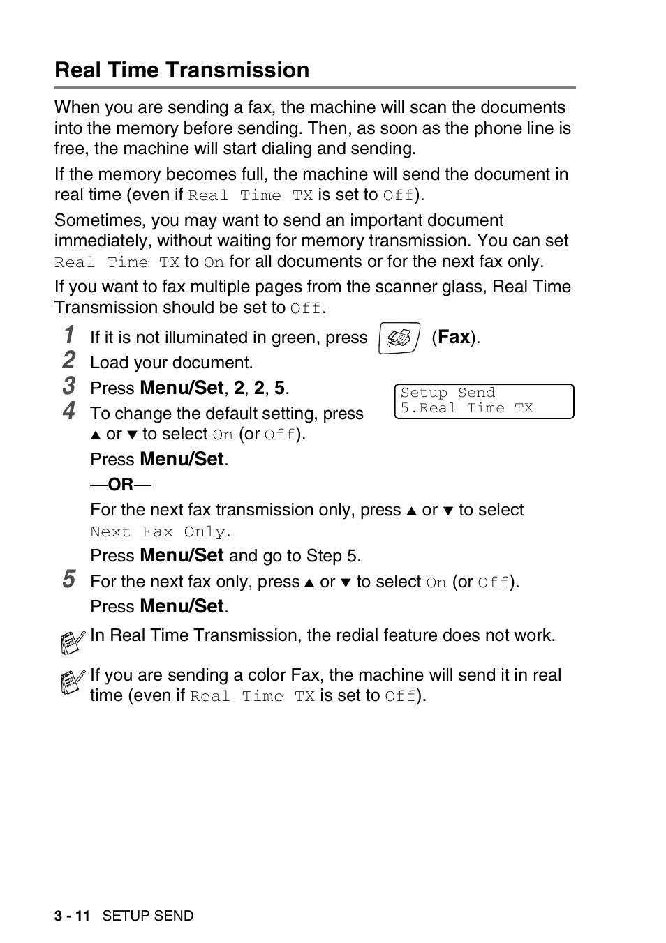Real time transmission, Real time transmission -11 | Brother FAX-2440C User Manual | Page 63 / 230