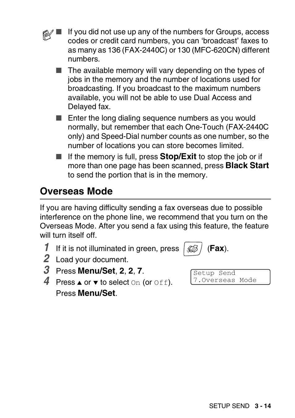 Overseas mode, Overseas mode -14 | Brother FAX-2440C User Manual | Page 66 / 230