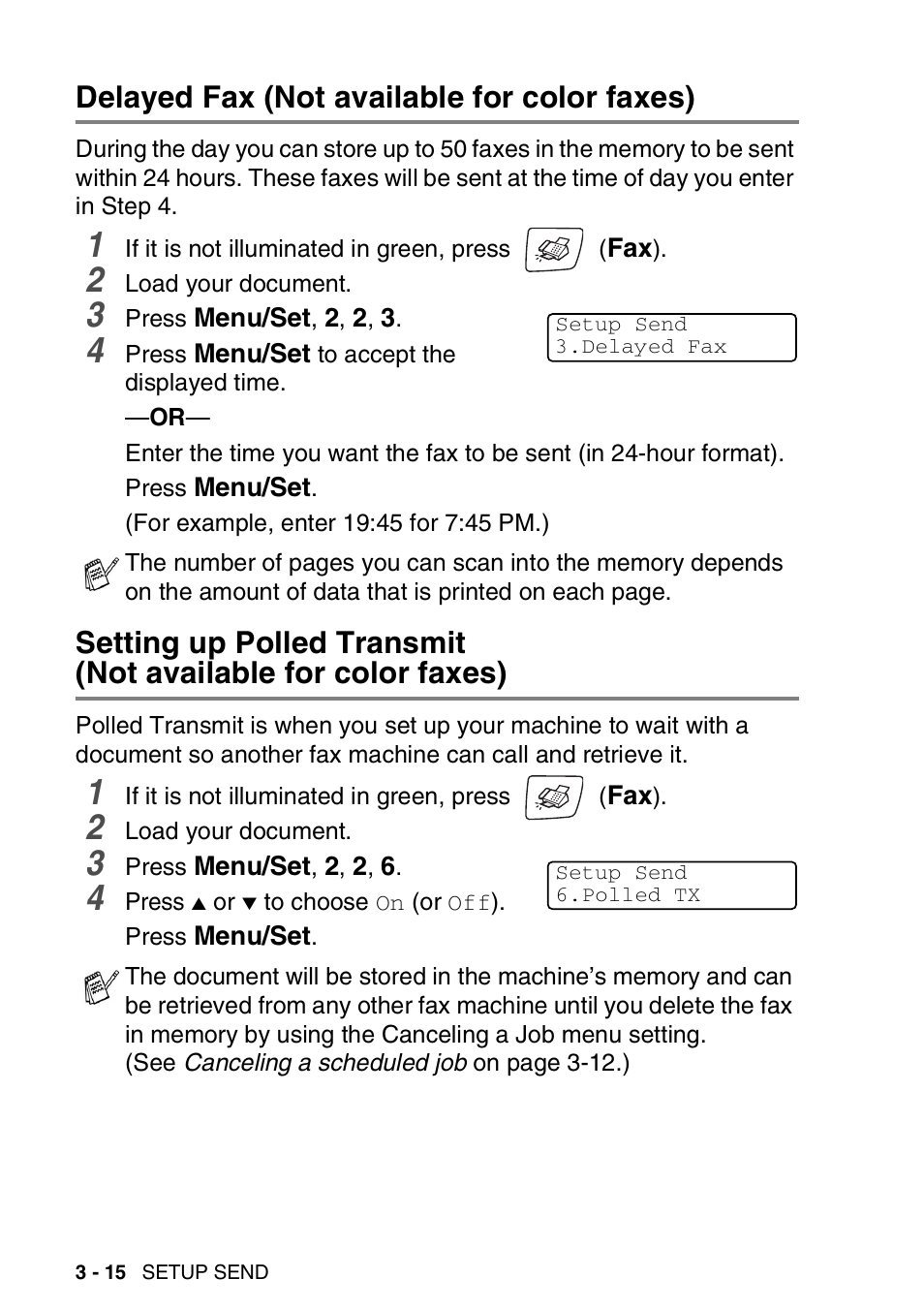 Delayed fax (not available for color faxes), Not available for color faxes) -15 | Brother FAX-2440C User Manual | Page 67 / 230