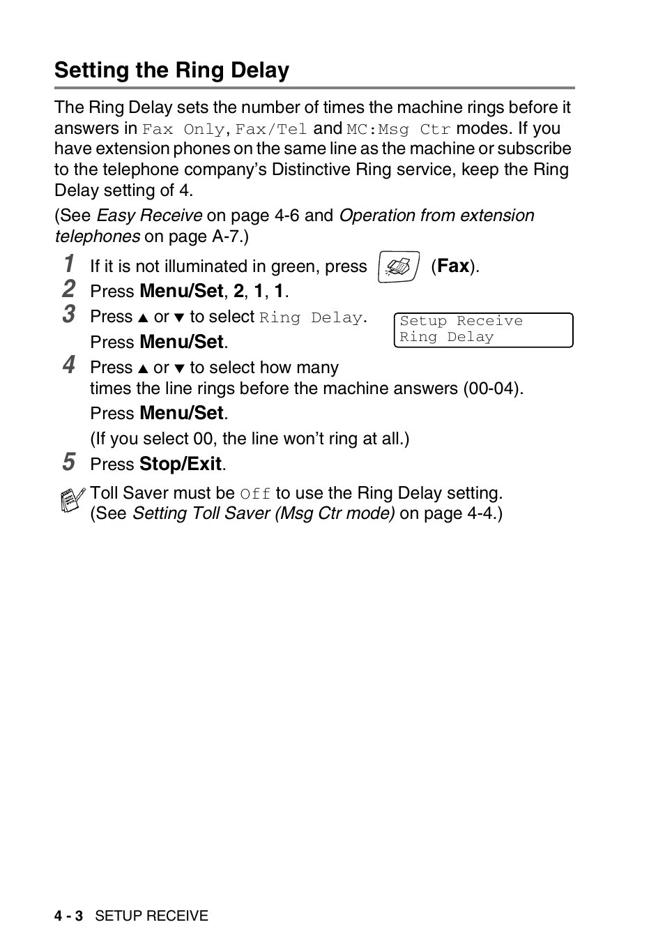 Setting the ring delay, Setting the ring delay -3 | Brother FAX-2440C User Manual | Page 71 / 230