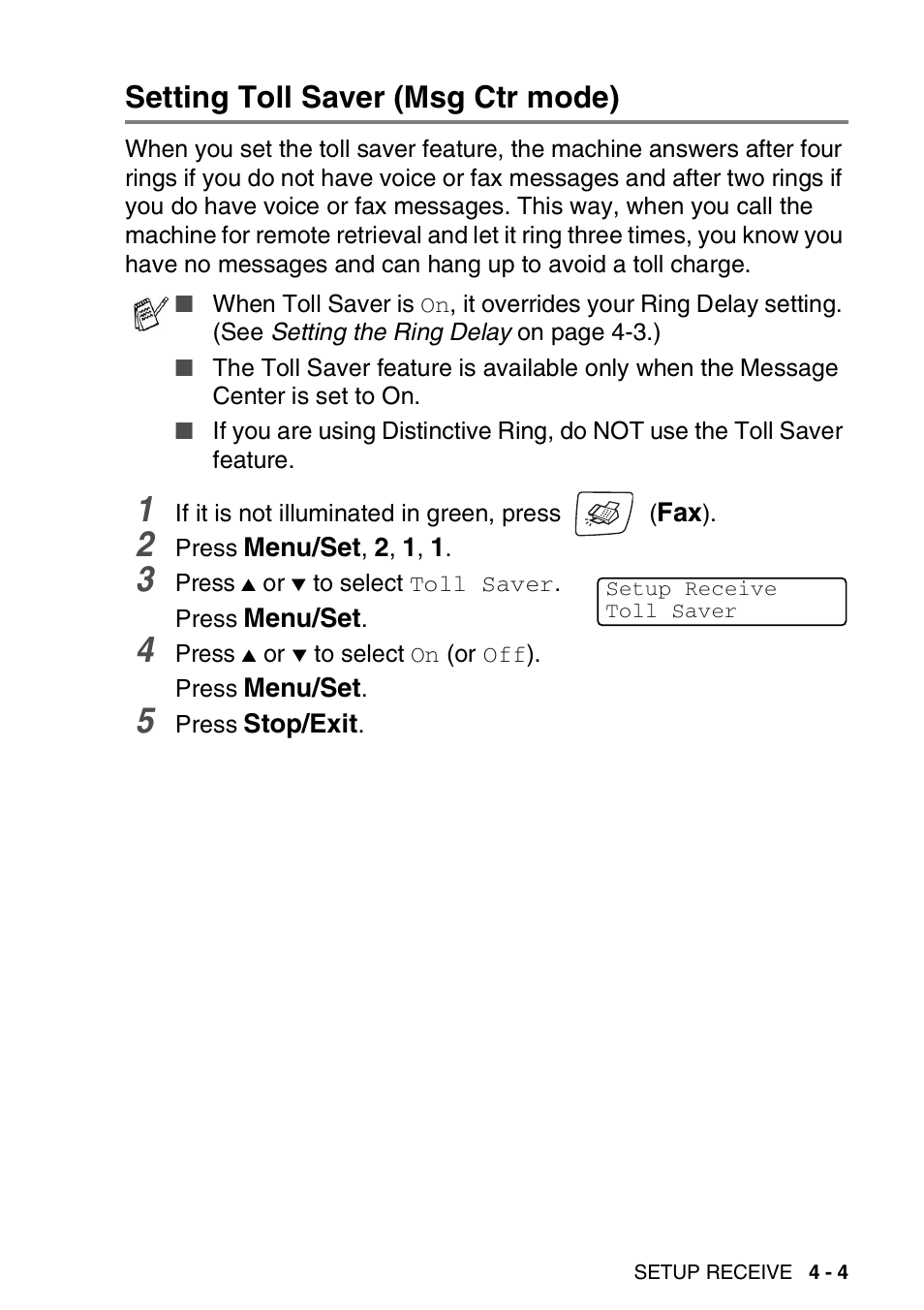 Setting toll saver (msg ctr mode), Setting toll saver (msg ctr mode) -4 | Brother FAX-2440C User Manual | Page 72 / 230