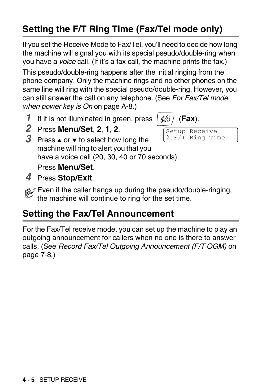 Setting the f/t ring time (fax/tel mode only), Setting the fax/tel announcement | Brother FAX-2440C User Manual | Page 73 / 230