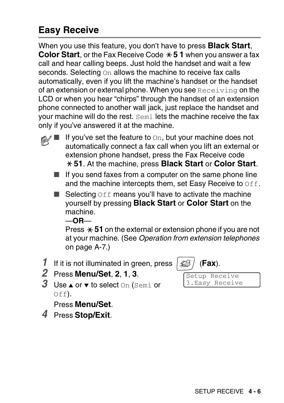 Easy receive, Easy receive -6 | Brother FAX-2440C User Manual | Page 74 / 230