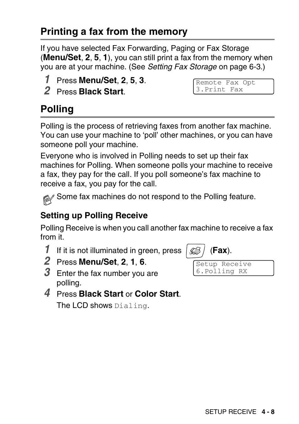 Printing a fax from the memory, Polling, Setting up polling receive | Printing a fax from the memory -8 polling -8, Setting up polling receive -8 | Brother FAX-2440C User Manual | Page 76 / 230