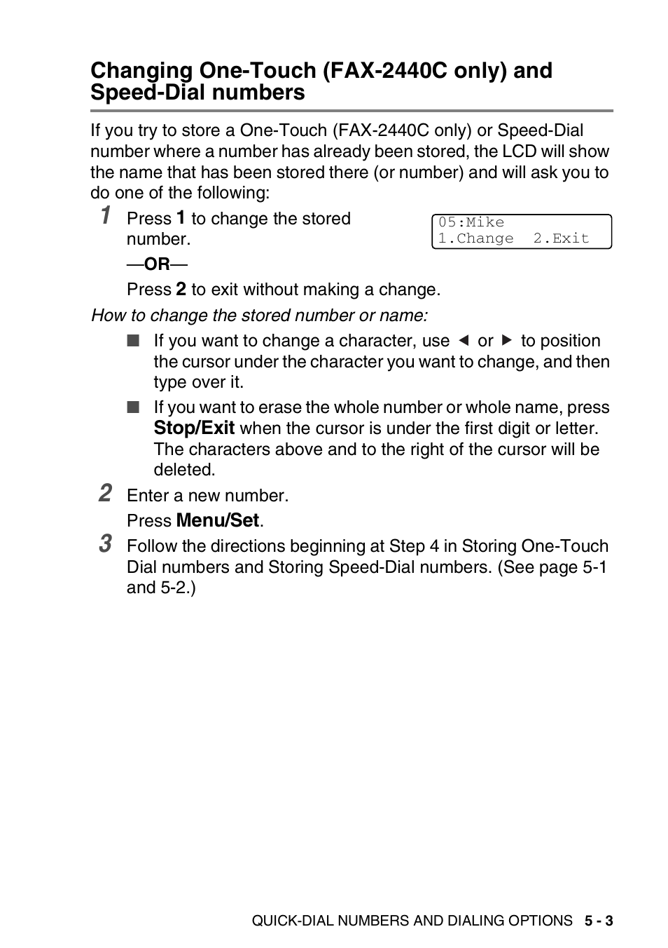 Changing one-touch (fax-2440c only) and, Speed-dial numbers -3 | Brother FAX-2440C User Manual | Page 80 / 230