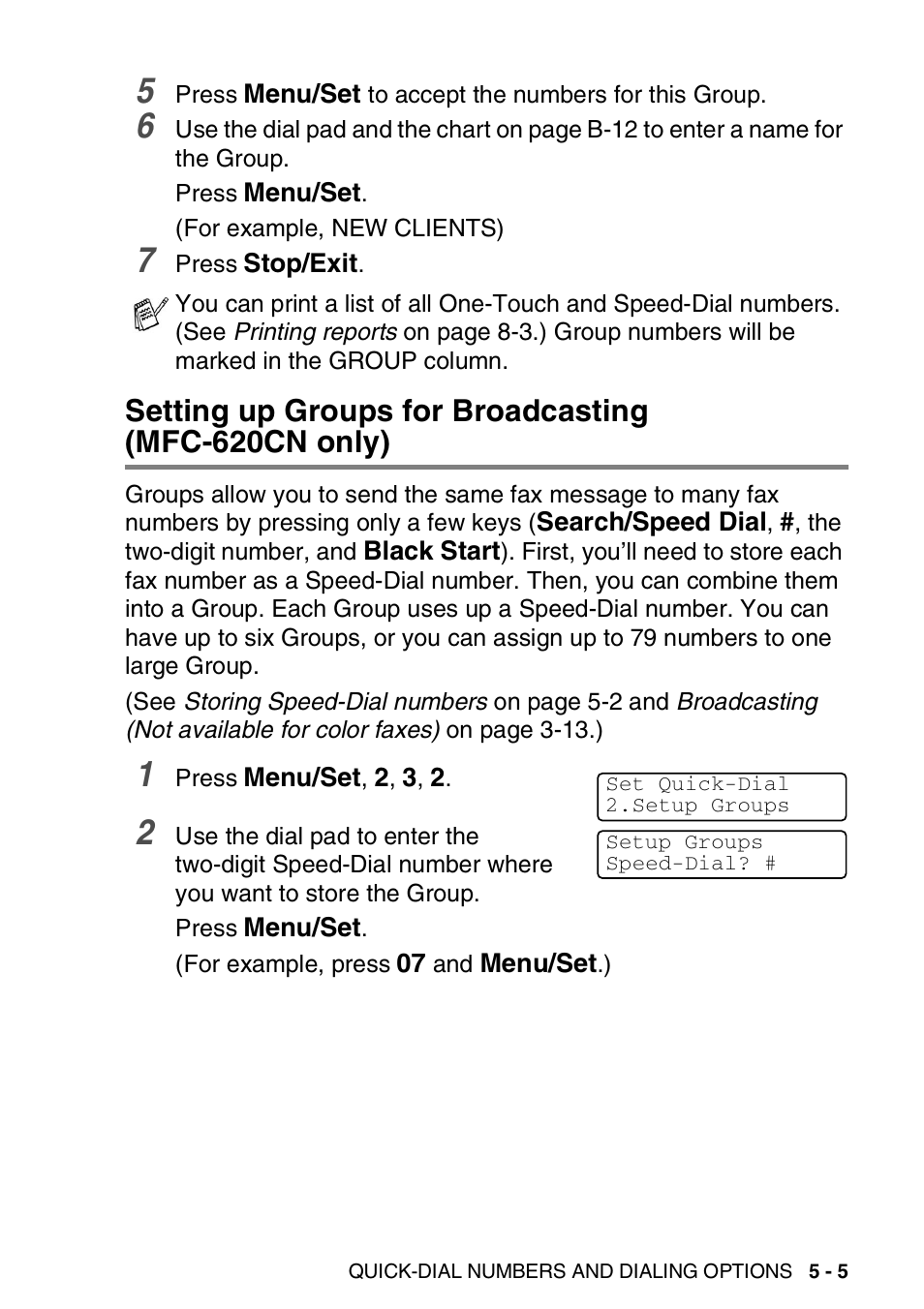 Setting up groups for broadcasting, Mfc-620cn only) -5 | Brother FAX-2440C User Manual | Page 82 / 230