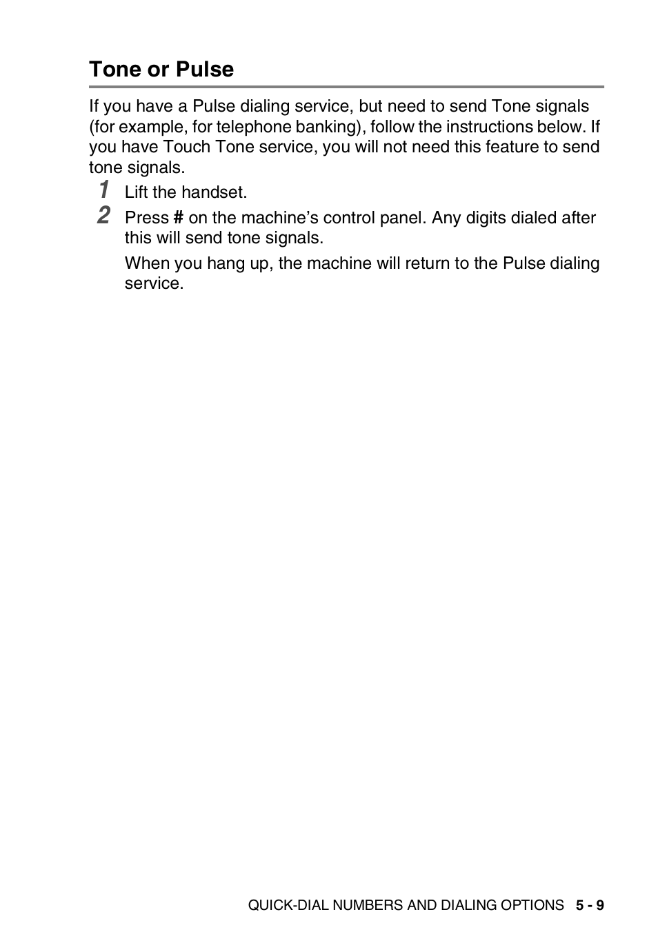 Tone or pulse, Tone or pulse -9 | Brother FAX-2440C User Manual | Page 86 / 230