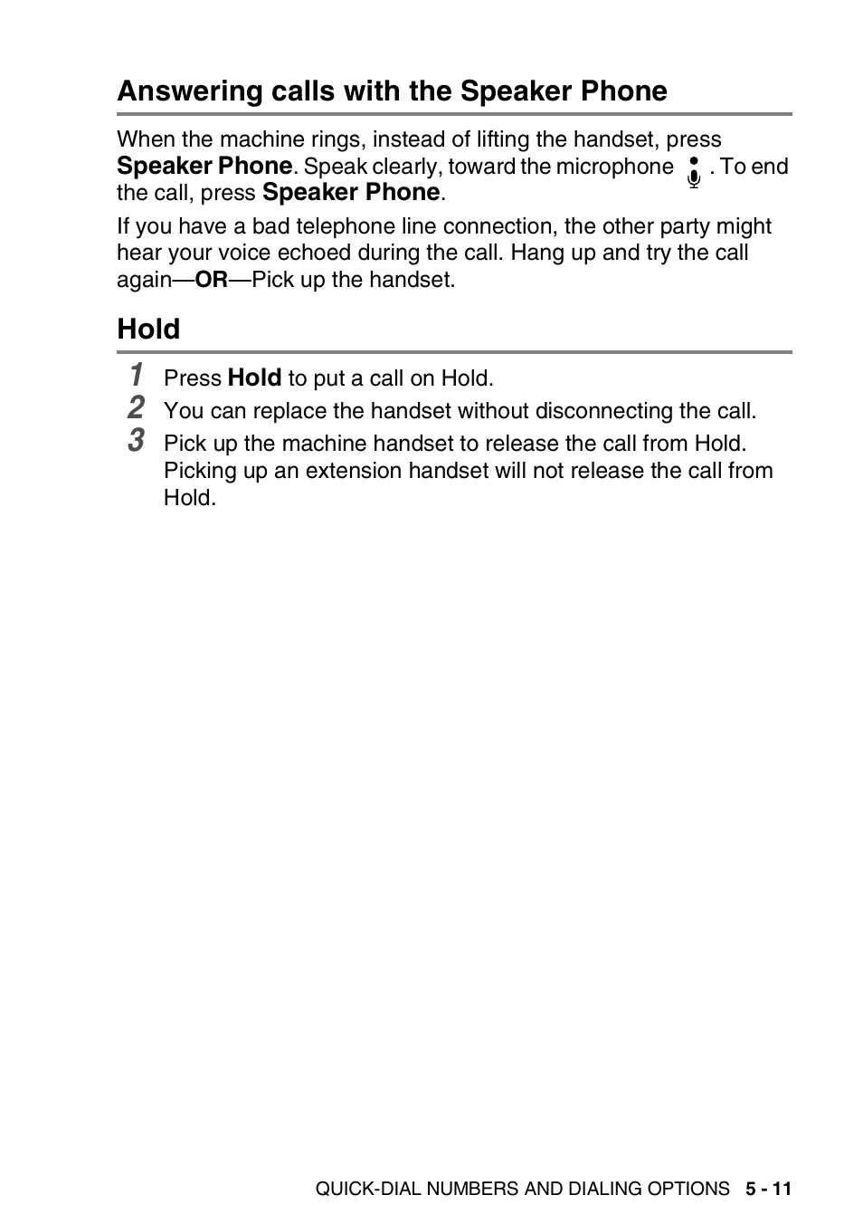 Answering calls with the speaker phone, Hold | Brother FAX-2440C User Manual | Page 88 / 230