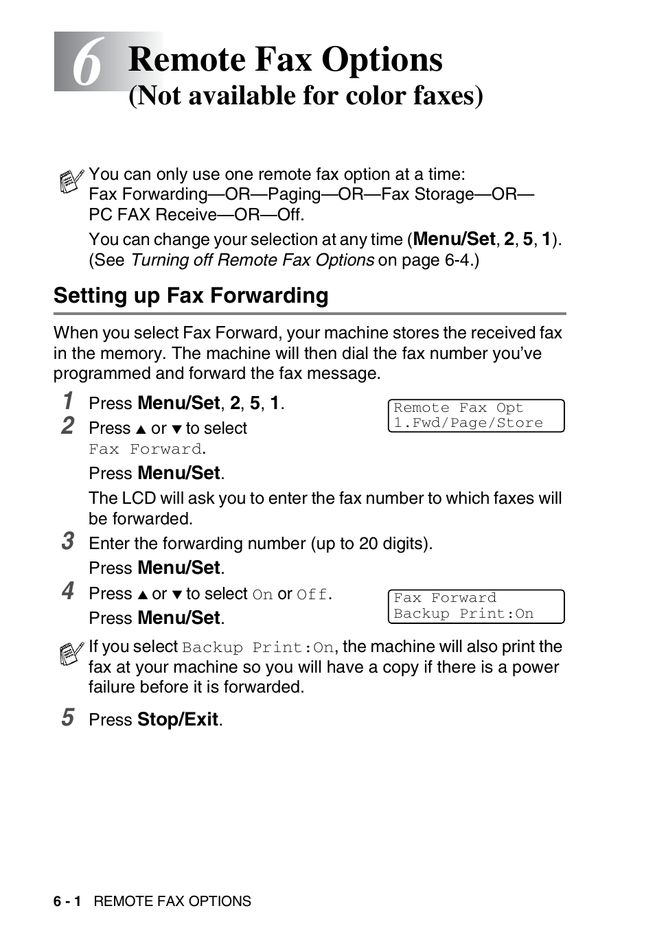 Setting up fax forwarding, Setting up fax forwarding -1, Remote fax options | Not available for color faxes) | Brother FAX-2440C User Manual | Page 89 / 230