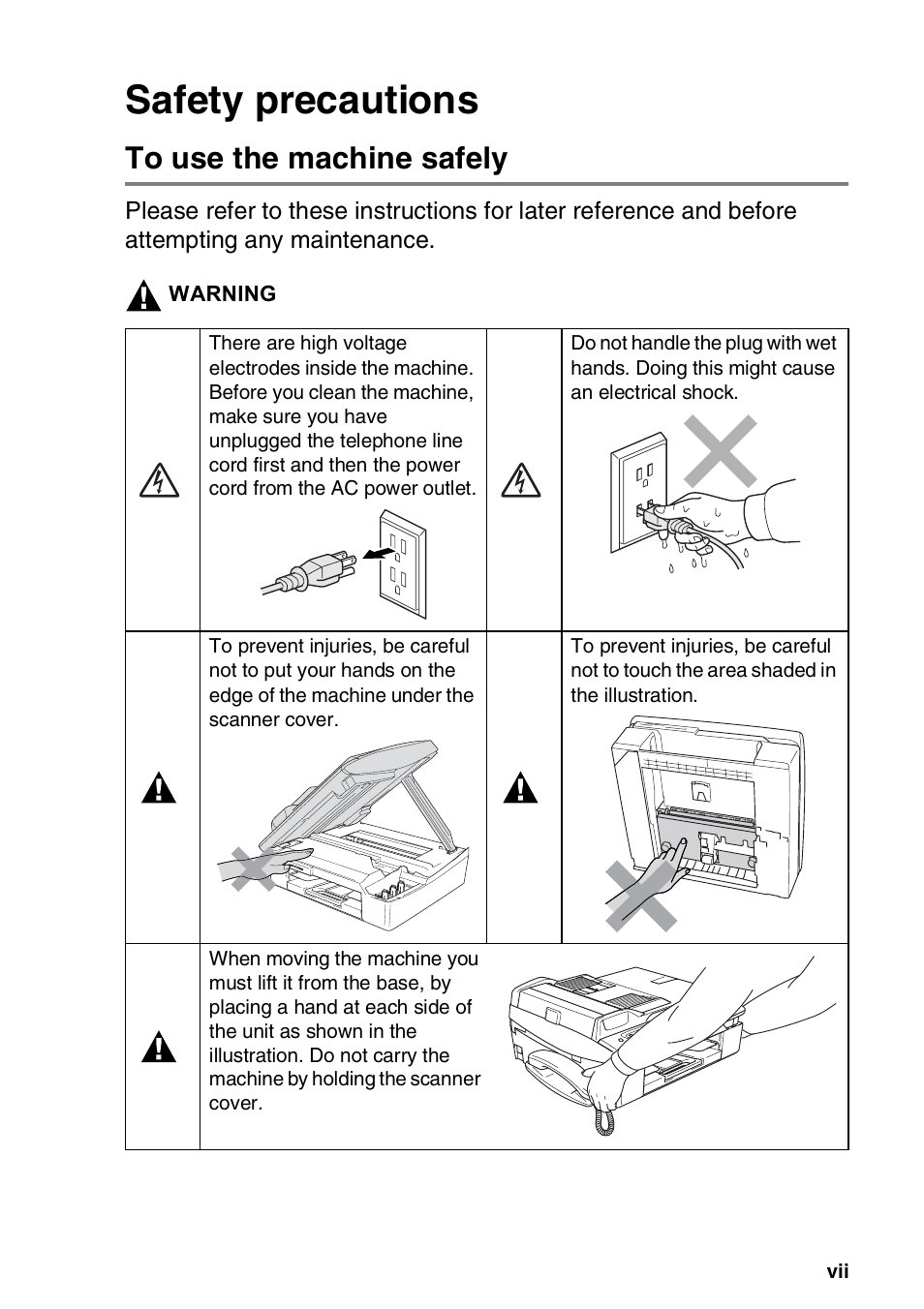 Safety precautions, To use the machine safely | Brother FAX-2440C User Manual | Page 9 / 230