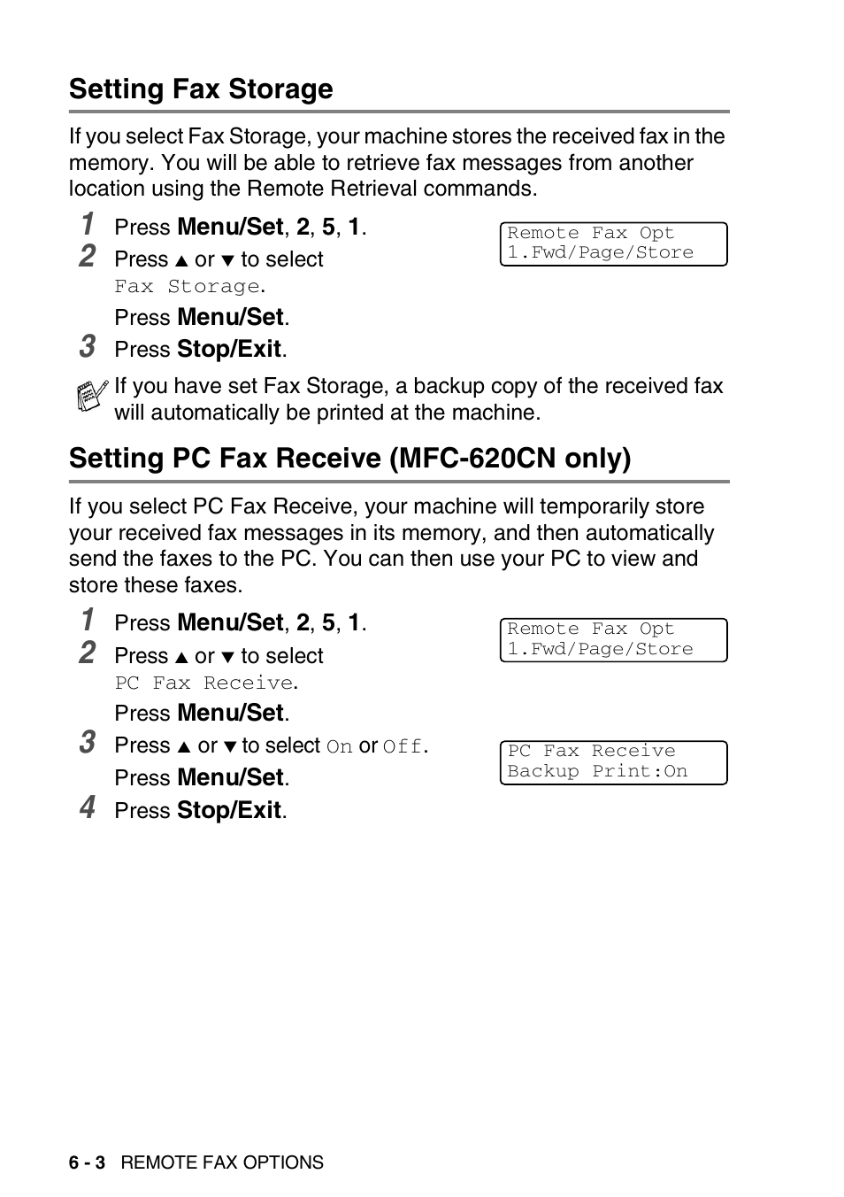 Setting fax storage, Setting pc fax receive (mfc-620cn only) | Brother FAX-2440C User Manual | Page 91 / 230