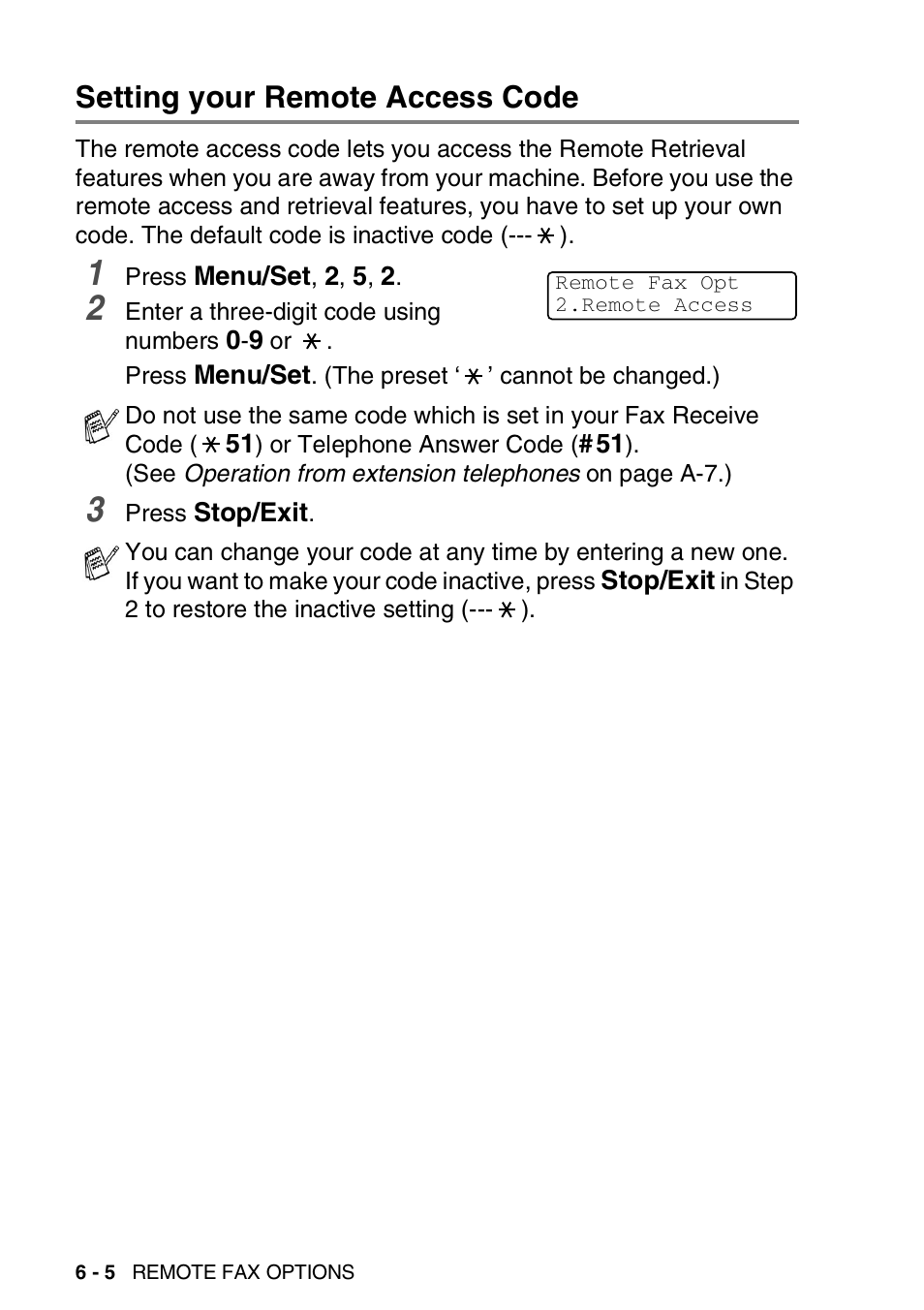 Setting your remote access code, Setting your remote access code -5 | Brother FAX-2440C User Manual | Page 93 / 230