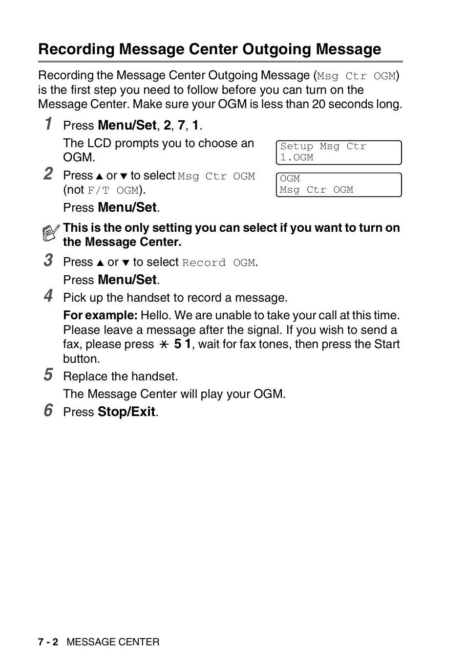 Recording message center outgoing message, Recording message center outgoing message -2 | Brother FAX-2440C User Manual | Page 99 / 230