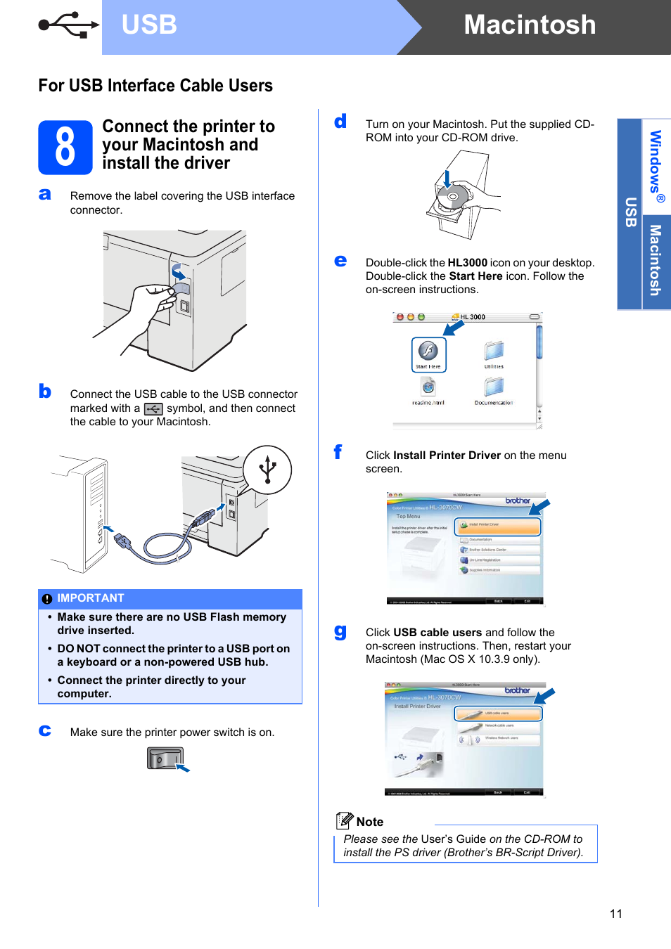 For usb interface cable users (for mac os x users), Macintosh usb, For usb interface cable users | Brother HL 3070CW User Manual | Page 11 / 50