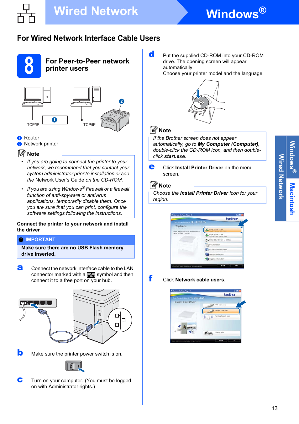 8 for peer-to-peer network printer users, Windows, Wired network | For wired network interface cable users, For peer-to-peer network printer users | Brother HL 3070CW User Manual | Page 13 / 50