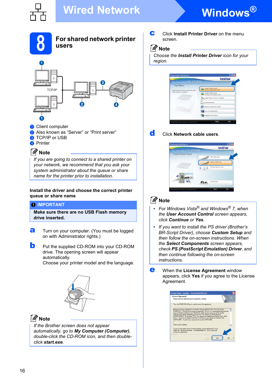 8 for shared network printer users, Windows, Wired network | For shared network printer users | Brother HL 3070CW User Manual | Page 16 / 50
