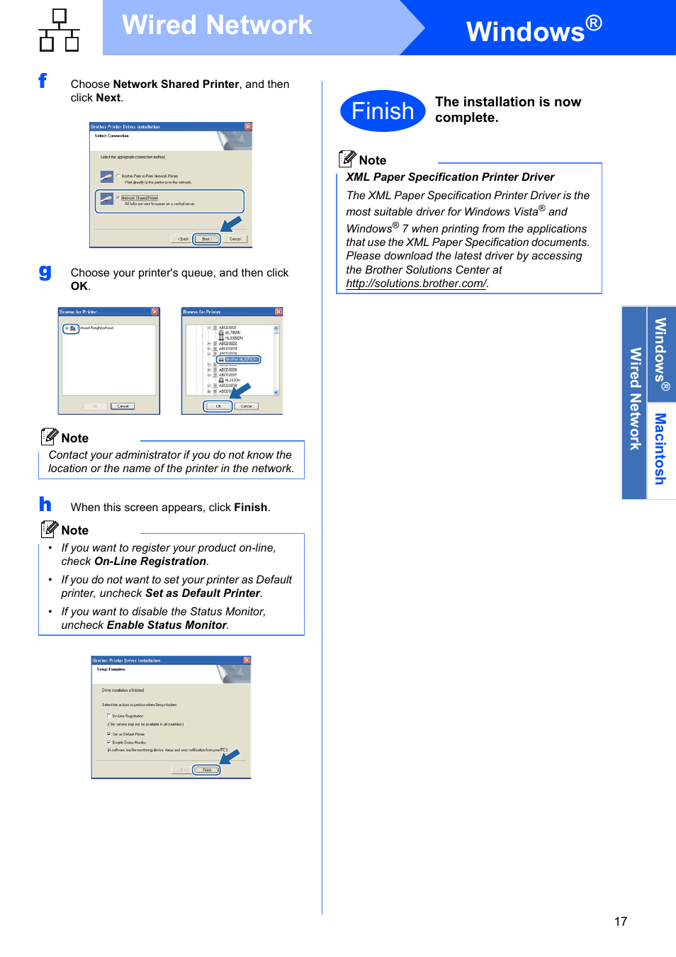 Windows, Wired network, Finish | Brother HL 3070CW User Manual | Page 17 / 50