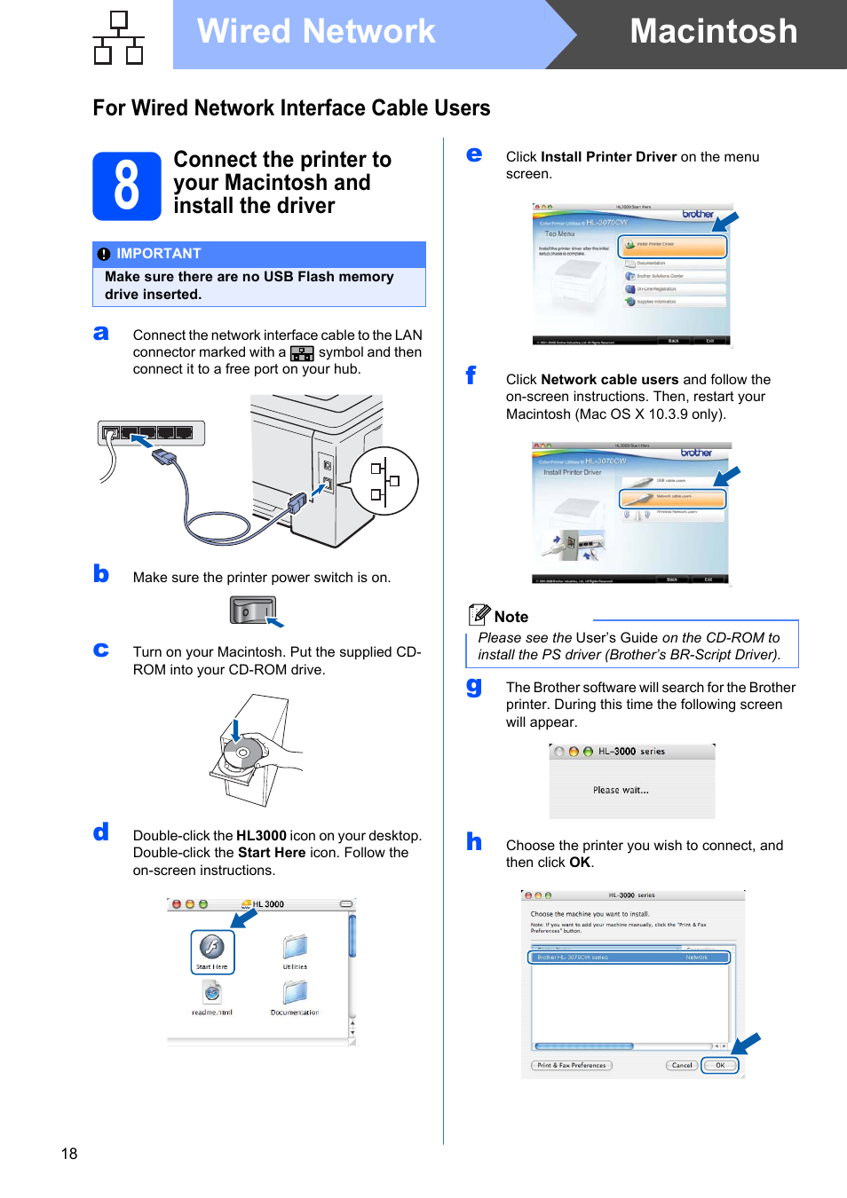 Macintosh wired network, For wired network interface cable users | Brother HL 3070CW User Manual | Page 18 / 50