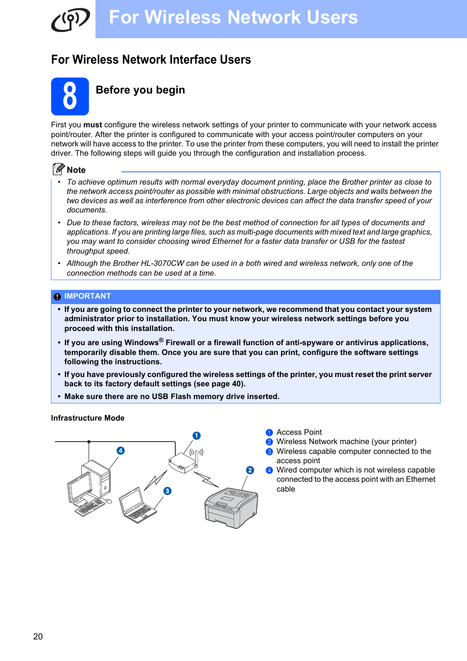 For wireless network interface users, 8 before you begin, For wireless network users | Before you begin | Brother HL 3070CW User Manual | Page 20 / 50