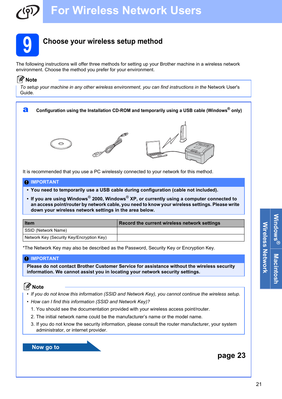 9 choose your wireless setup method, For wireless network users, Choose your wireless setup method | Page 23 | Brother HL 3070CW User Manual | Page 21 / 50