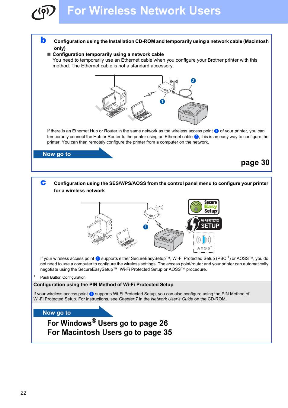 For wireless network users, Page 30, For windows | Brother HL 3070CW User Manual | Page 22 / 50